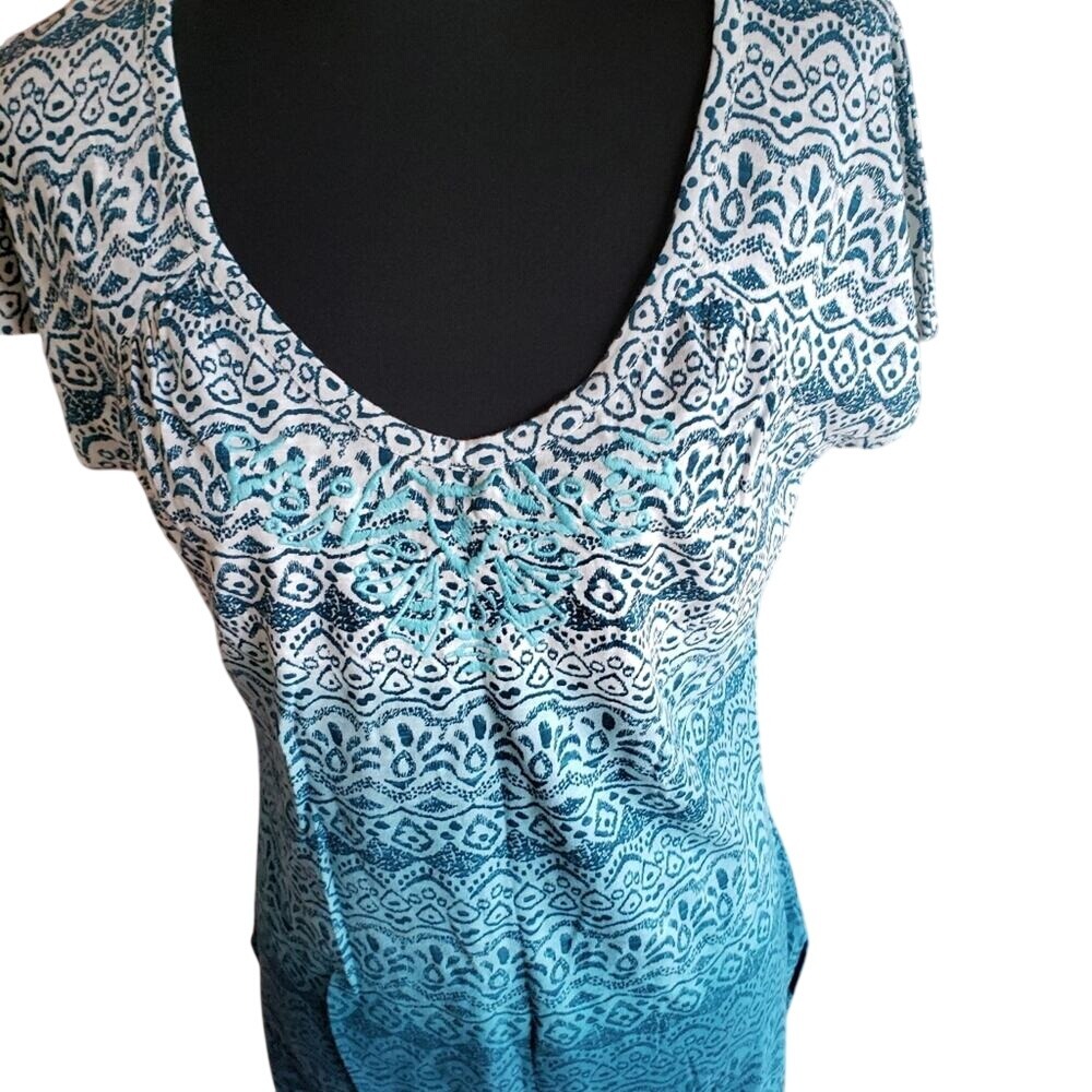 Athleta‎ Womens Teal Ombre Embroidered V-Neck Cotton Short Sleeve Top Large